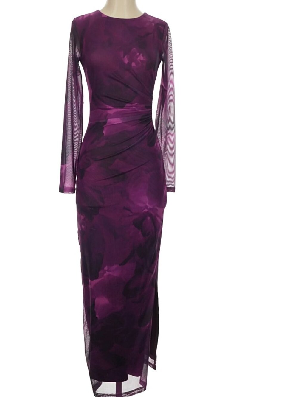 Prettygarden Sheer Sleeve Maxi Cocktail Dress Asymmetrical Cinched Flattering